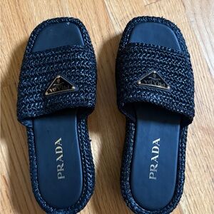 Prada Black Raffia Flatform Slide Sandal Size US8/EU38